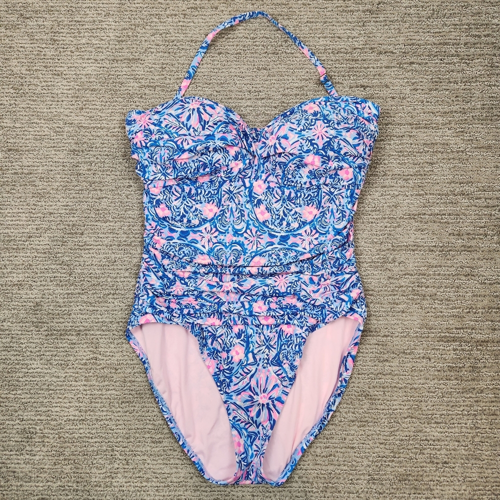 Lilly Pulitzer Flamence One-piece Halter Swim Suit Womens 14 Peri Takin It Easy